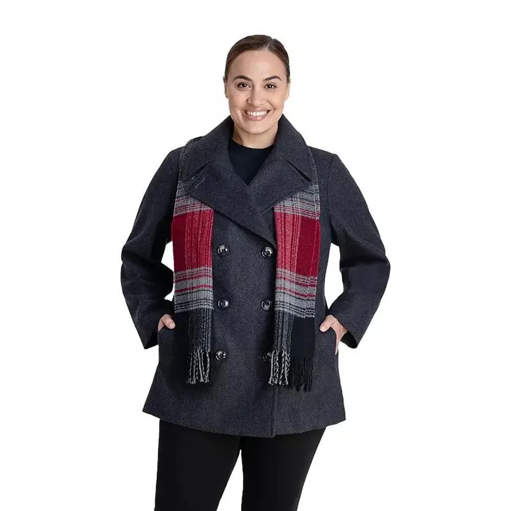 NEW London Fog Women's 1X Gray Wool Blend Pea Coat with Scarf
